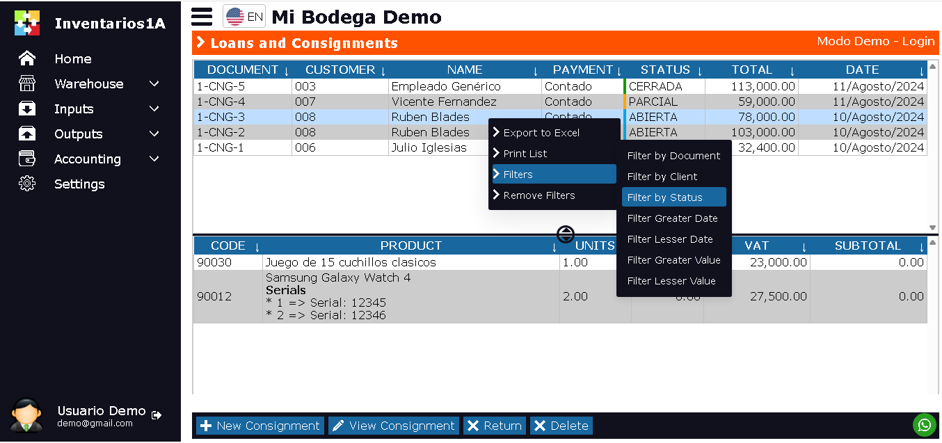 Window Loan and Consignment List
