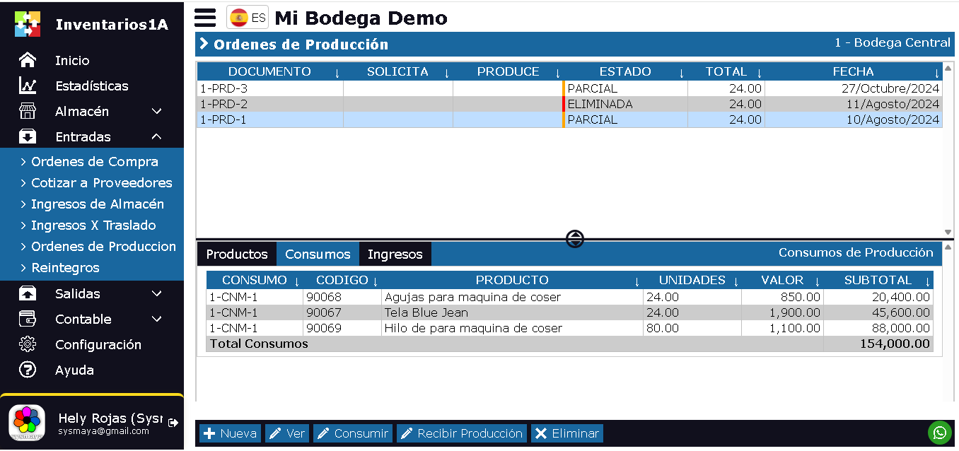 Ventana Ordenes de Producción