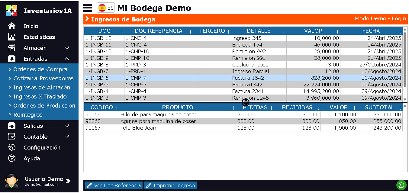 Ventana Ingresos de Bodega