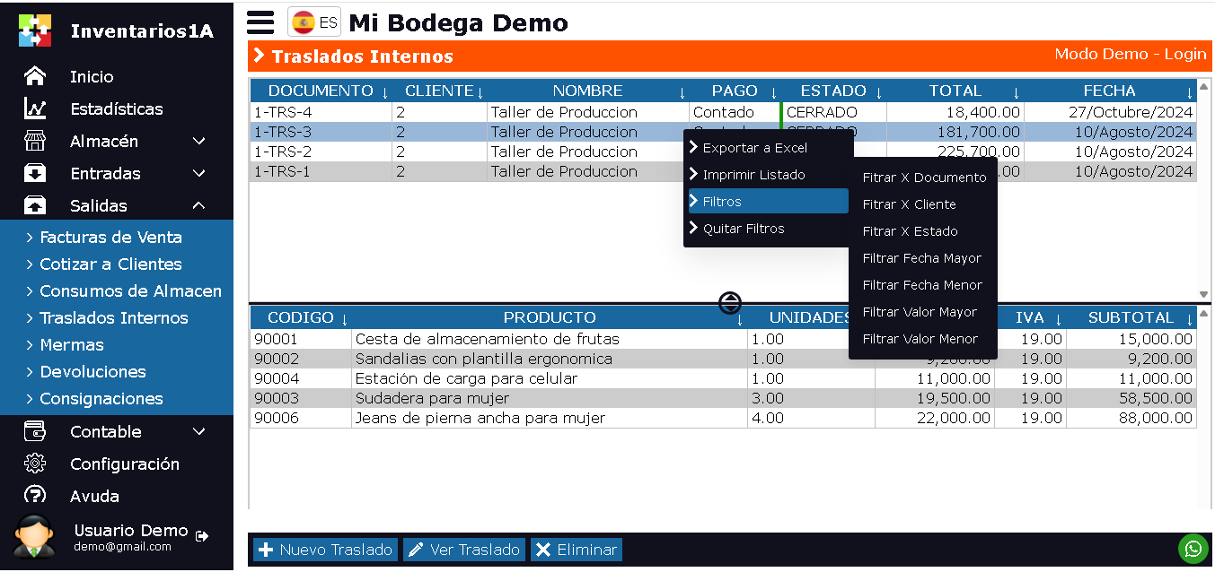 Ventana Traslados Internos