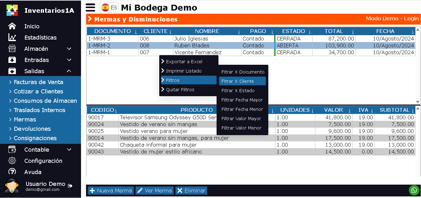 Ventana Lista de Mermas