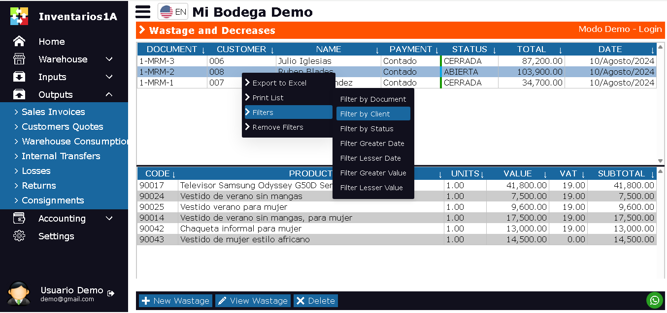 Shrinkage List Window