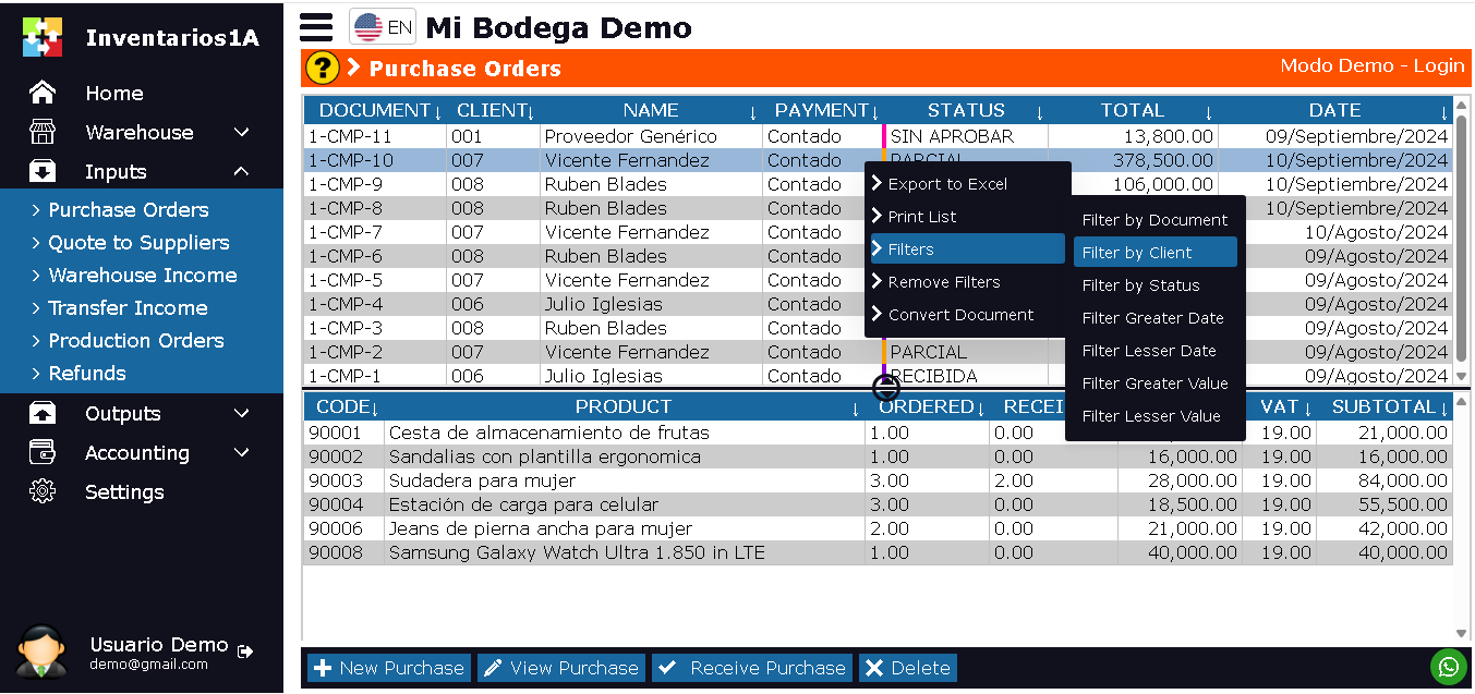 Purchase Order Window