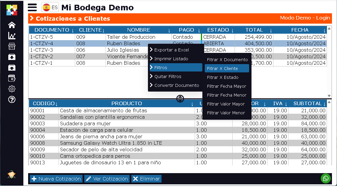 Ventana Lista de Cotizaciones a Clientes